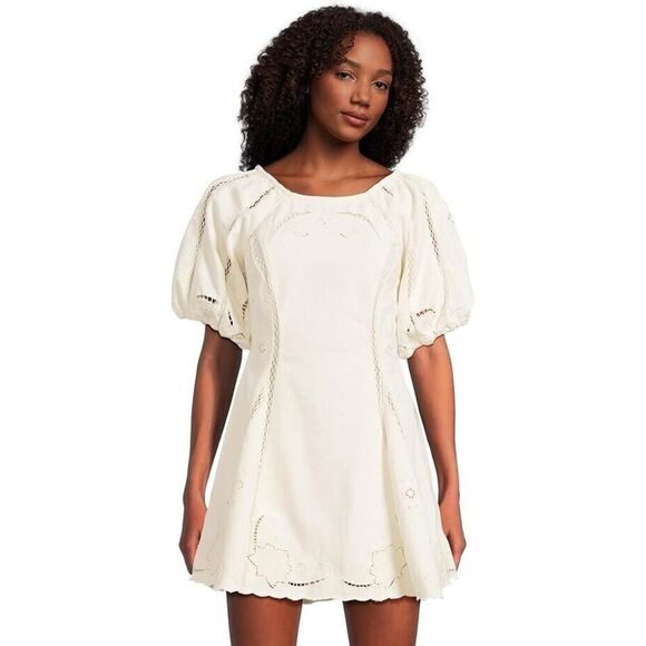 Free People Dresses & Skirts - Free People Wanna Dance Mini Dress Women's Large Ivory Eyelet Lace Peplum JDM509